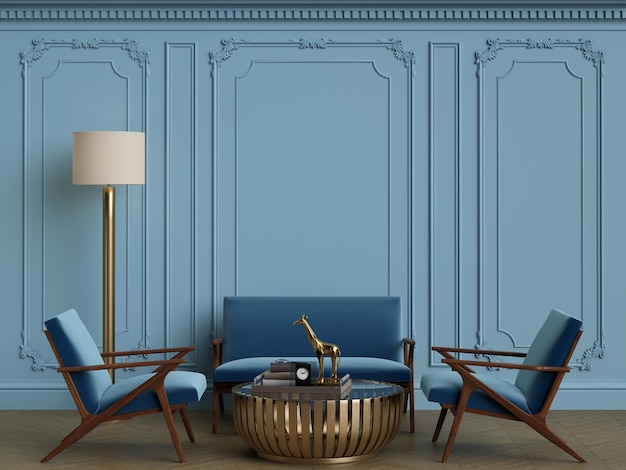Concepto de interior azulMuebles clásicos en interior clásico con espacio de copiaParedes con molduras ornamentadasPiso de parquetIlustración digitalRenderizado en 3d