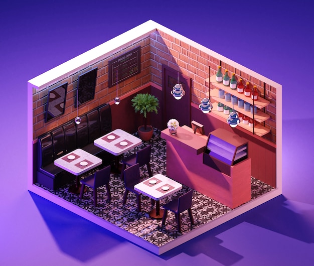 Foto concepto interior de cafetería isométrica. ilustración 3d