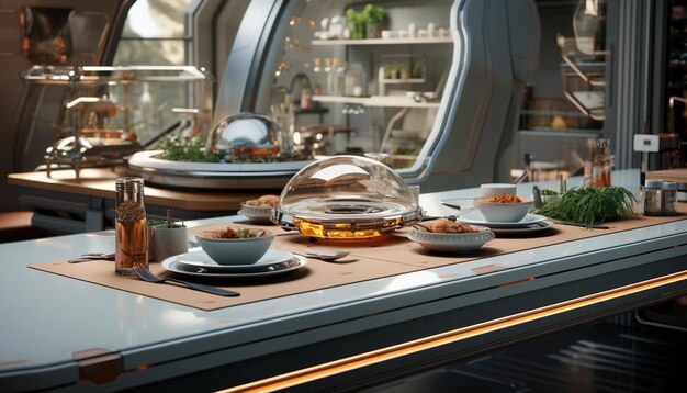 Foto concepto interior de cocina de lujo futurista con una cúpula de vidrio y comida