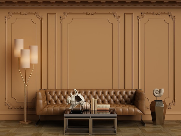Concepto de interior marrónMuebles clásicos en interior clásico con espacio de copiaParedes con molduras ornamentadasPiso de parquetIlustración digitalRenderizado en 3d