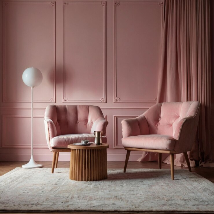 Concepto de interior rosa Muebles clásicos en un interior clásico con espacio de copia Muras con moldes ornamentados