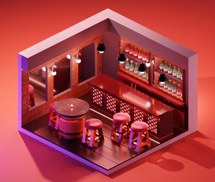 Foto concepto interior de tienda de bar isométrica. ilustración 3d