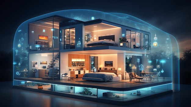 concepto de la Internet de las Cosas de un hogar inteligente con varios dispositivos conectados