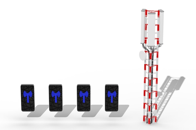 Concepto de internet móvil. Teléfonos inteligentes en una fila cerca de una torre móvil. Internet inalámbrico 5g. Render 3d