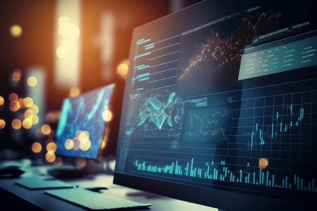 Concepto de inversión empresarial mundial con pantalla digital con candelabro en aumento financiero y esquema de mapa en el fondo abstracto de la ciudad nocturna Doble exposición Creado con tecnología Generativa de IA