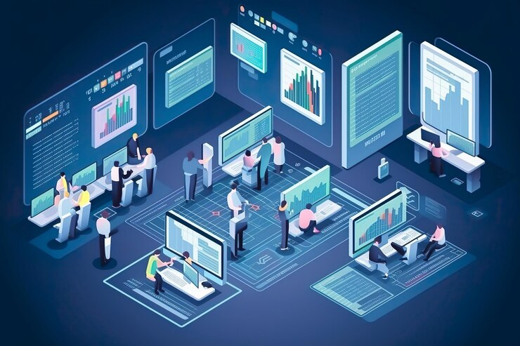 Foto concepto de inversión y mercado de valores estadísticas y declaración de negocios financiadores que analizan infografías isométricas de ganancias del mercado de valores para ilustración de negocios generar ai