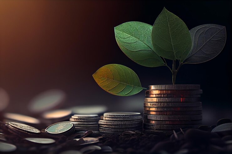 Concepto de inversión Monedas con árboles que crecen fuera de él sobre fondo oscuro generativo ai