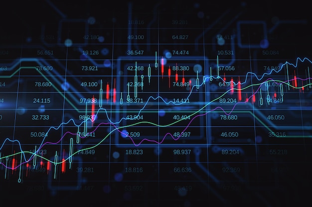 Concepto de inversión y negociación con el crecimiento de candelabros y gráficos del mercado de divisas sobre fondo oscuro con una breve representación financiera en 3D