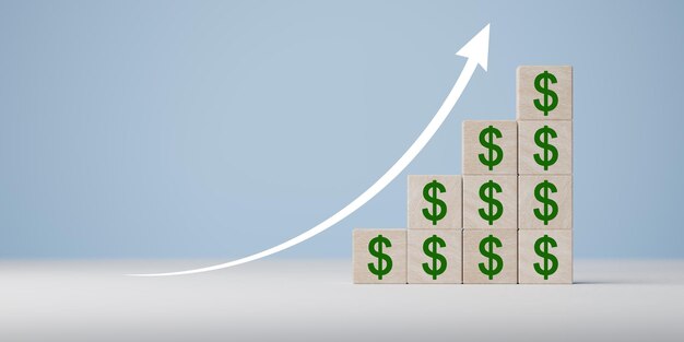 Concepto de inversión de proceso de éxito de crecimiento empresarial fondo azul Concepto de crecimiento financiero o empresarial aumentar ganancias aumentar ingresos o ahorrar concepto bloques de madera con símbolo de dólar estadounidense