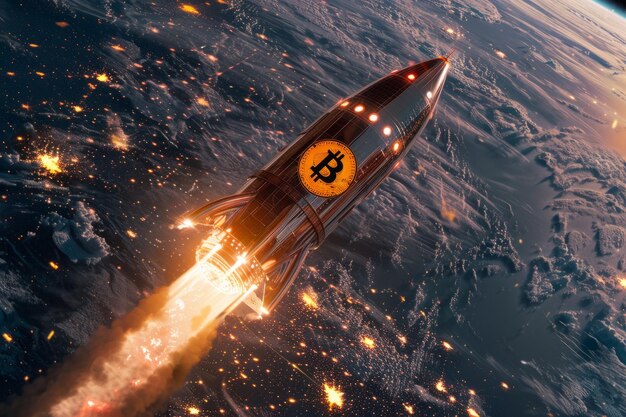 Concepto de invertir en bitcoins y criptomonedas un cohete con el logotipo de bitcoin voló al espacio
