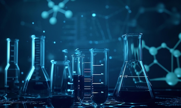 Concepto de investigación y desarrollo científico de vidrio de laboratorio con fondo azul oscuro