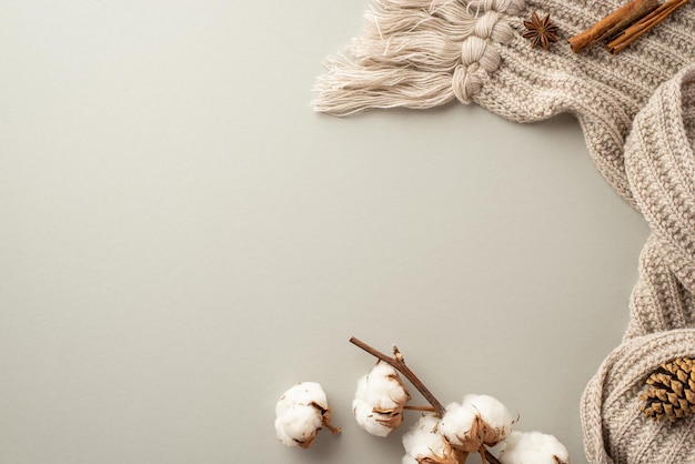 Concepto de invierno Foto de vista superior de palitos de canela de anís a cuadros tejidos cono de pino y rama de algodón sobre fondo gris pastel aislado con espacio vacío