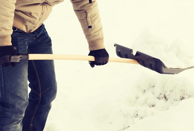 concepto de invierno y limpieza - cierre del hombre quitando nieve de la calzada