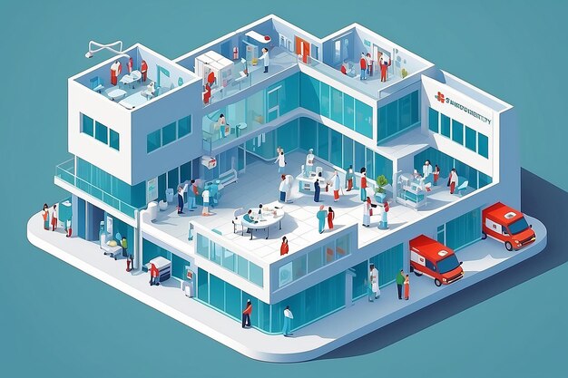 Foto concepto isométrico 3d plano de la infografía del edificio del hospital