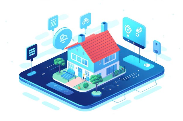 Foto el concepto isométrico de seguridad doméstica inalámbrica del sistema de control y monitoreo de edificios inteligentes en una aplicación móvil