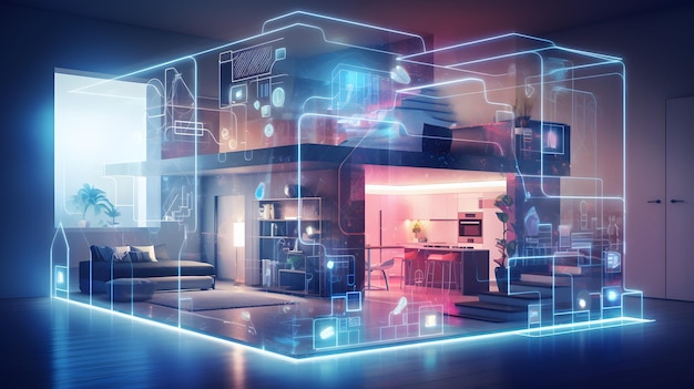 El concepto isométrico de Smarthome con la explicación del holograma de IA de IoT