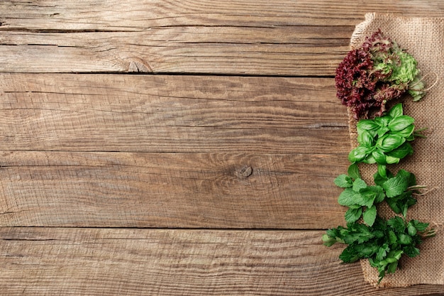 Concepto de jardinería y alimentación saludable con diferentes hierbas y hojas de ensalada sobre fondo de madera