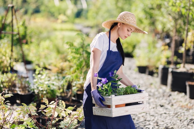 Concepto de jardinería. Jardinero de hermosa mujer joven con flores en caja de madera.