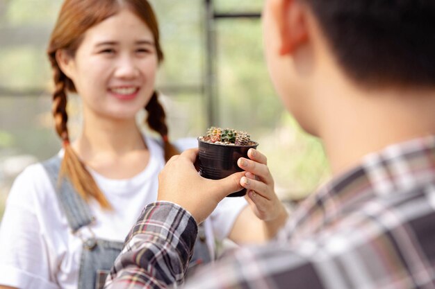 Concepto de jardinero femenino un par de jardineros, cada uno sosteniendo una maceta rectangular de plástico de mini cactus