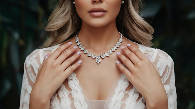 Concepto de joyería retrato en primer plano de un collar de boda en el cuello femenino