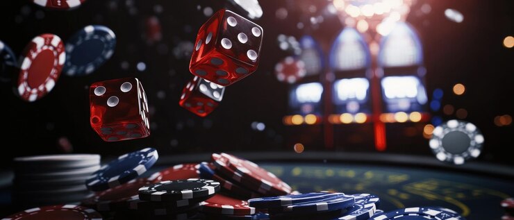 El concepto de juego elegante y elegante de la noche del casino con fichas de póquer y cartas de dados