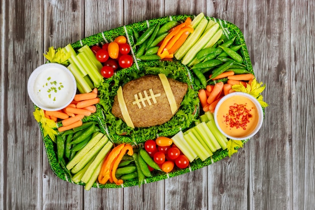 Concepto de juego de fútbol americano Comida de catering para fanático del juego de fútbol.