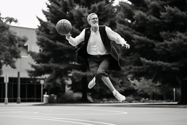 Foto concepto de jugador de ejercicio de competición de baloncesto