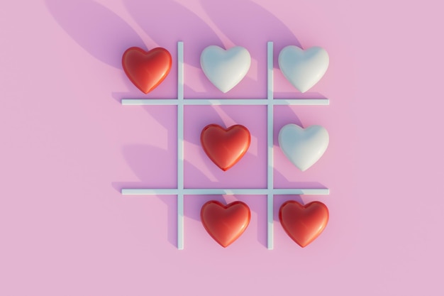 El concepto de jugar tictactoe con corazones rojos y blancos 3D Render