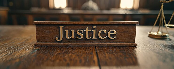 Concepto de justicia en una sala de juicio con la palabra en el foco Espacio para el texto Juicio ético simbolizado