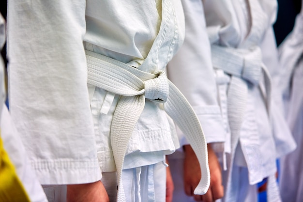 Concepto de karate, artes marciales. Construcción de alumnos en la sala antes de la formación. Kimono, diferentes cinturones, diferentes niveles de entrenamiento. De cerca,