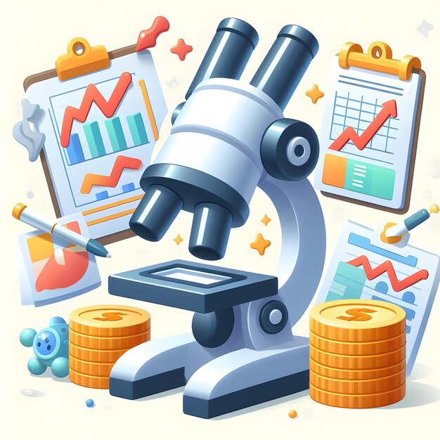 El concepto de laboratorio de análisis financiero de íconos planos 3D como microscopios que examinan los informes de mercado con fondo blanco