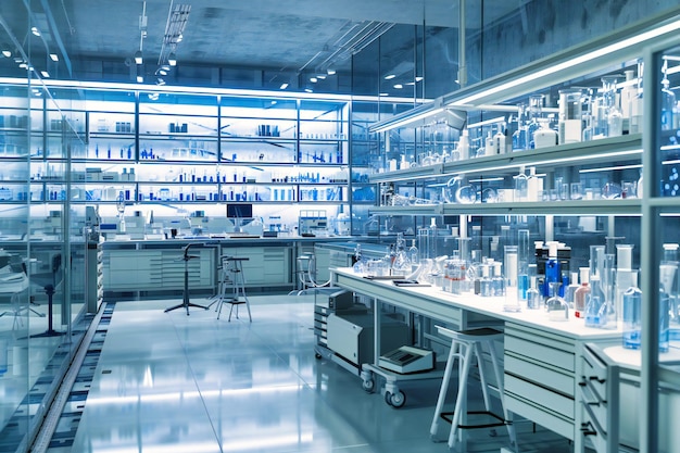 Concepto de laboratorio Equipo de investigación química de tono azul Laboratorio médico o bioquímico