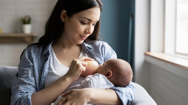 Concepto de lactancia madre joven amamantando a su bebé recién nacido en casa de cerca