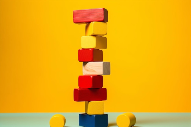 Concepto de ladrillo de juguete escuela pila de madera juego educación de equilibrio construir bloque de madera