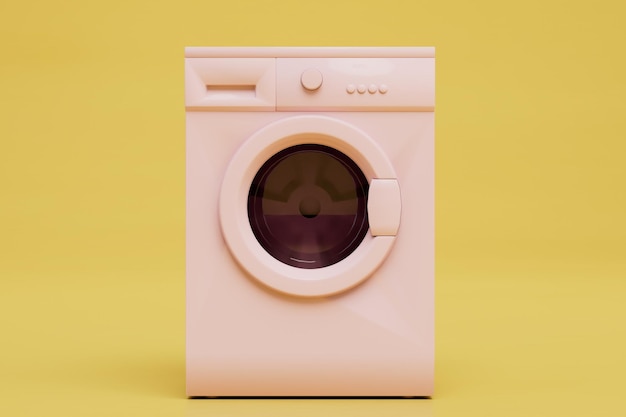 El concepto de lavado automático de cosas lavadora rosa sobre un fondo amarillo 3D Render