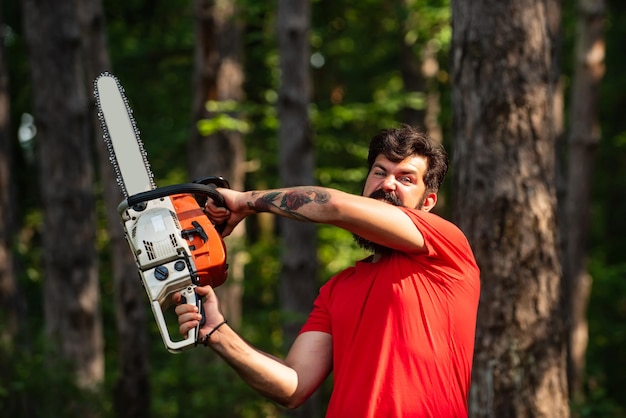 Concepto de leñador Leñador con motosierra en sus manos Registro La tala ilegal continúa hoy Leñador con motosierra en el fondo del bosque Cosecha de madera