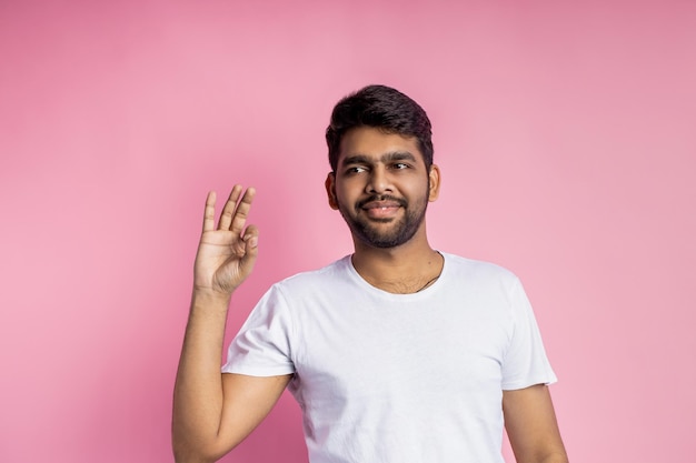 Concepto de lenguaje corporal. Alegre estudiante indio vistiendo camiseta blanca, haciendo el signo de ok, satisfecho con los resultados del examen, sonriendo con alegría, aislado sobre fondo rosa.