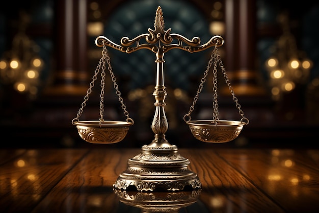 Concepto de ley y justicia Balanzas de justicia sobre mesa de madera