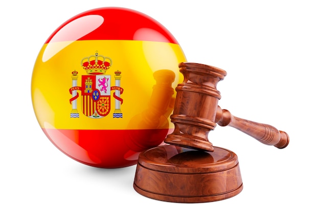 Concepto de ley y justicia española Martillo de madera con bandera de España renderización en 3D