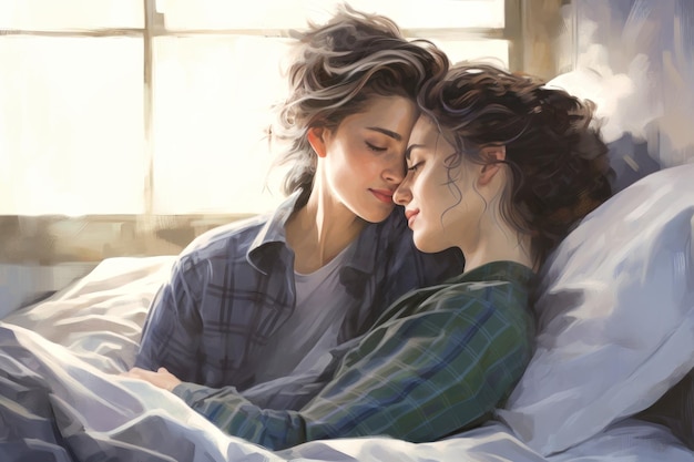 Concepto LGBT Una pareja amorosa de mujeres espirituales yacen en la cama Amor y romance dos jóvenes lesbianas Buenas mañanas para los amantes Día de San Valentín