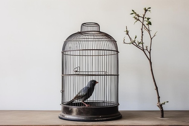 Foto concepto de libertad mínima pájaro en una jaula abierta