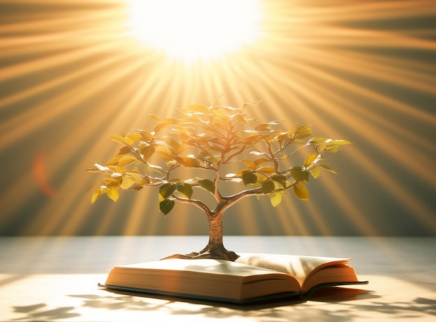 Foto el concepto de libro o árbol del conocimiento con un árbol que crece de un viejo libro abierto la biblia es el libro