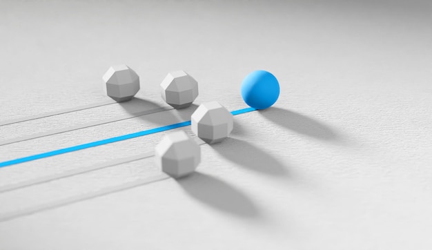 Concepto de liderazgo Líder azul bola suave líderes blancos en la brújula Renderización en 3D