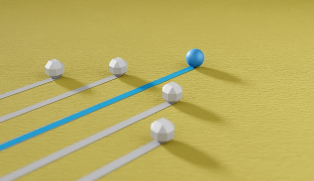 Concepto de liderazgo Líder azul bola suave líderes blancos en la brújula Renderización en 3D