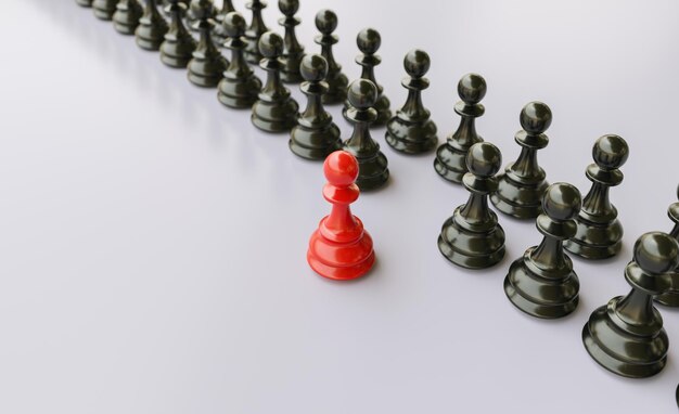Concepto de liderazgo peón rojo de ajedrez destacándose de la multitud de negros