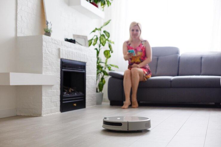 Foto concepto de limpieza: el aspirador robótico automático limpia la habitación mientras la mujer se relaja de cerca
