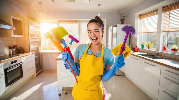 Concepto de limpieza mujer joven sosteniendo herramientas de limpia en la cocina