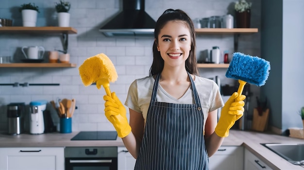 Concepto de limpieza mujer joven sosteniendo herramientas de limpia en la cocina