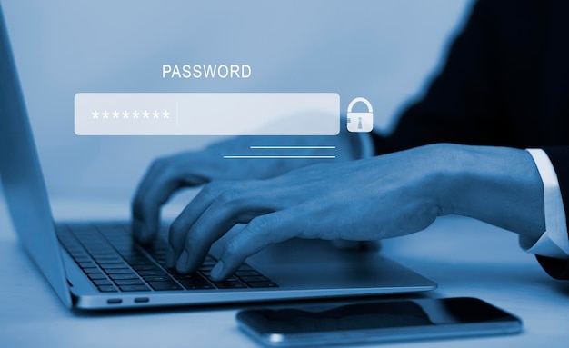 Concepto en línea de inicio de sesión con contraseña de seguridad Manos escribiendo e ingresando el nombre de usuario y la contraseña de las redes sociales inicie sesión con un teléfono inteligente en una cuenta bancaria en línea protección de datos contra piratas informáticos