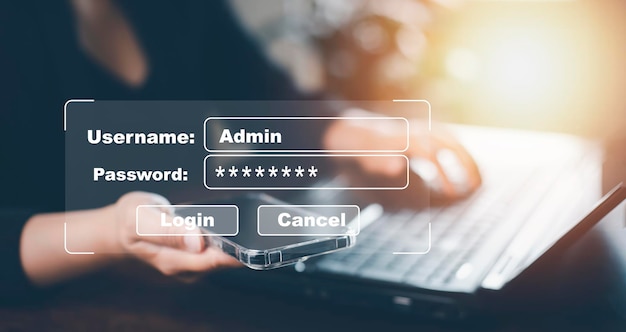 Concepto en línea de inicio de sesión con contraseña de seguridad Manos escribiendo e ingresando el nombre de usuario y la contraseña de las redes sociales inicie sesión con un teléfono inteligente en una cuenta bancaria en línea protección de datos contra piratas informáticos